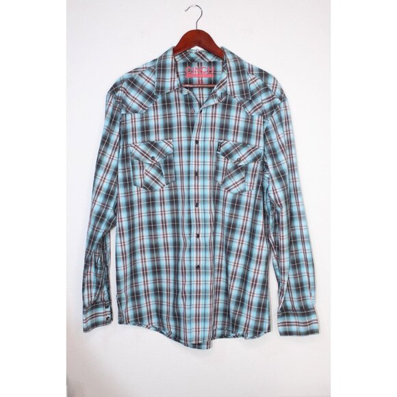 Cinch Modern Fit Mens Cowboy Shirt L Blue Black Plaid Western Casual Fit Relaxed - Picture 1 of 12